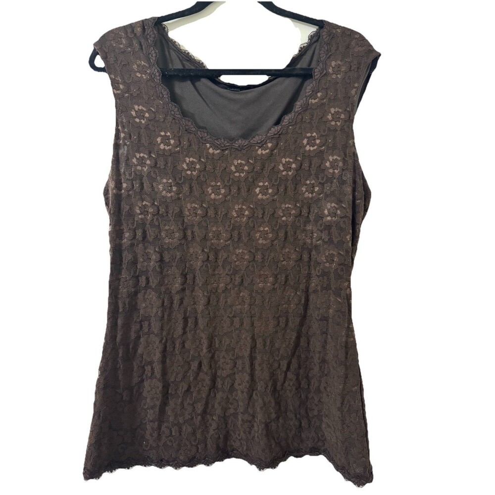 Y2K Floral Brown Lace Tank Top Sleeveless Mesh Lined Camisole Retro 90s XL